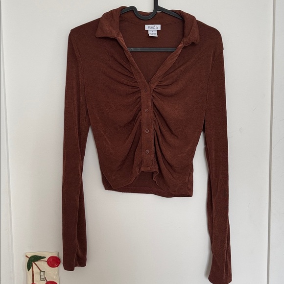 Brown Ruched Button-Up Top - Picture 1 of 3